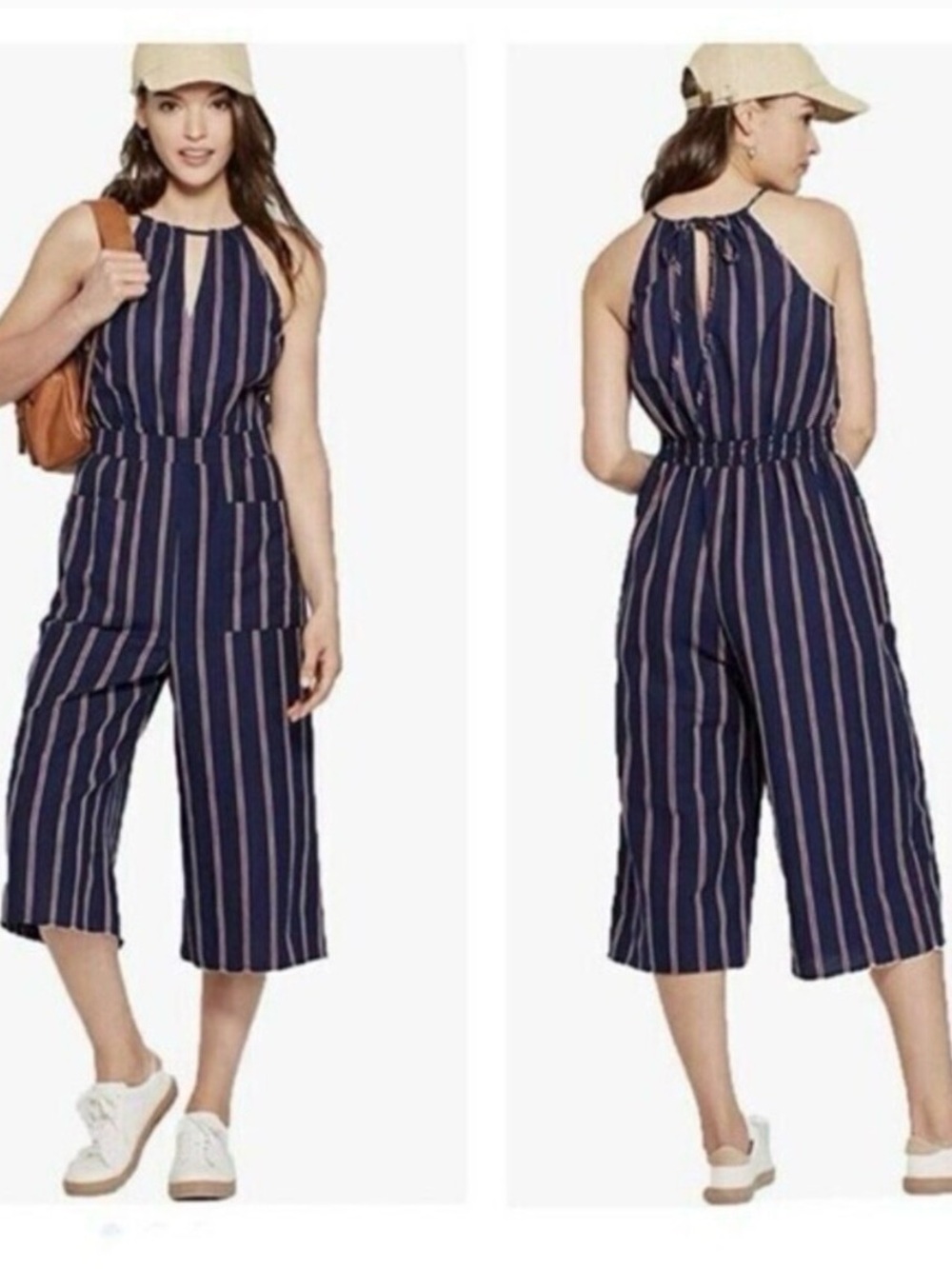 Universal Thread Navy and Blush Striped Halter Jumpsuit
